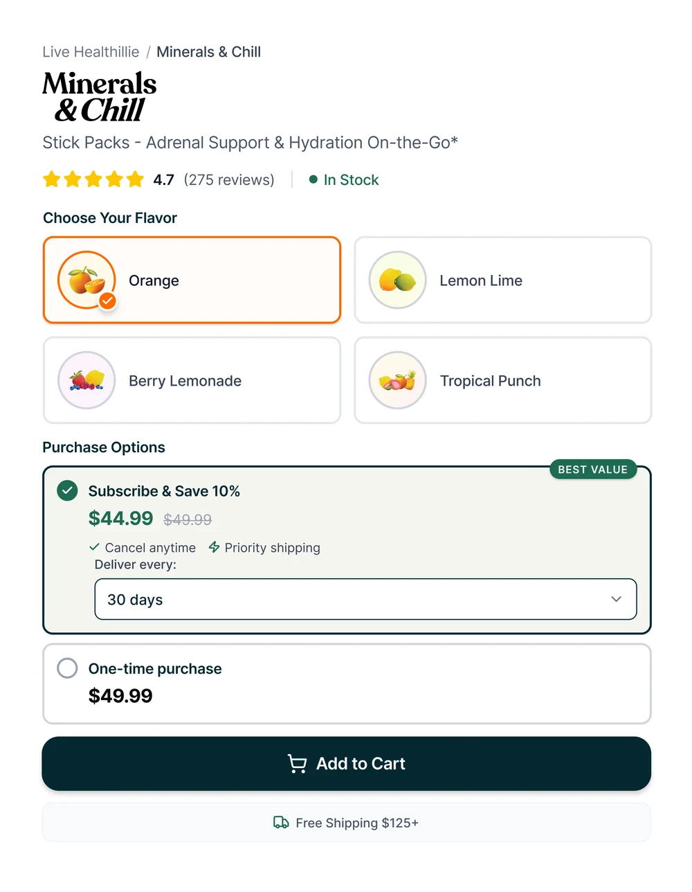 The rebuilt Minerals & Chill buy box: flavor selector, subscribe-and-save purchase options, and add to cart